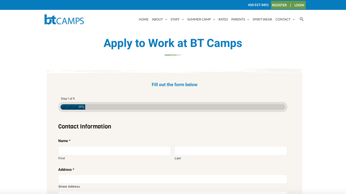 Online application form to work at BT Camps with contact information fields.