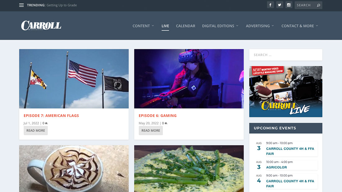 Screenshot of Carroll Magazine's LIVE page with articles on flags, gaming, coffee art, and food.