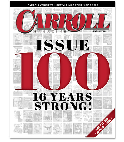 Cover of Carroll Magazine Issue 100 celebrating 16 years with a background collage of past covers.