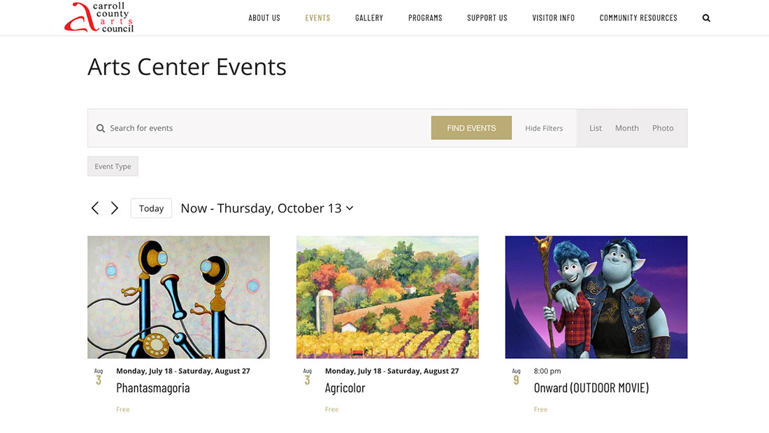 Arts Center Events page with three colorful event posters and navigation options.