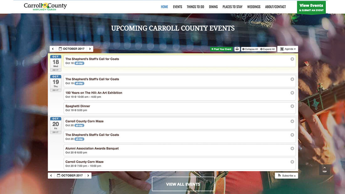 Carroll County Tourism online calendar web development | Web Design Westminster, MD