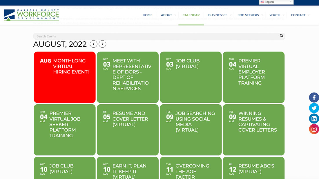 August 2022 virtual job training and hiring event calendar from Carroll County Workforce Development.