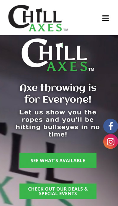 Mobile view of Chill Axes website promoting axe throwing with green buttons for offers.