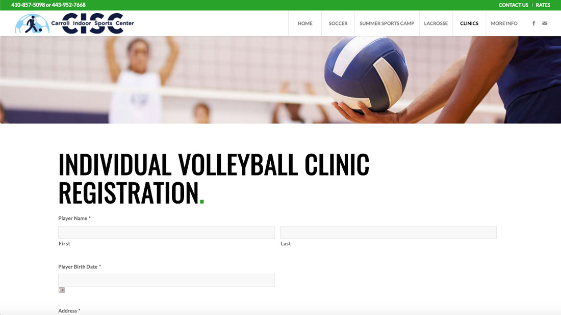 Volleyball player holding ball with registration form titled Individual Volleyball Clinic.