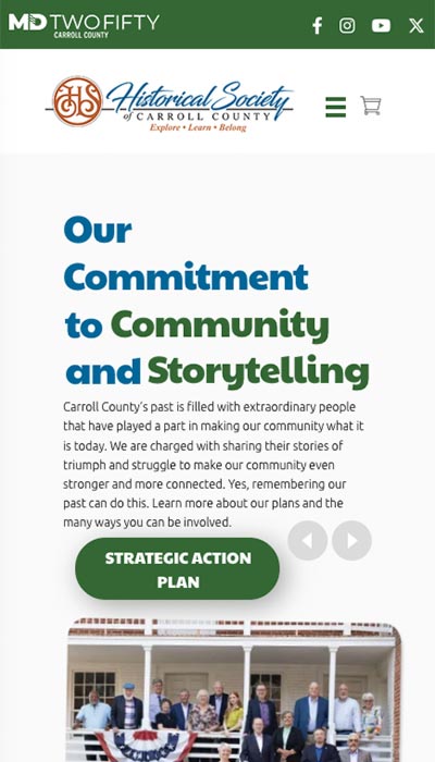 Mobile webpage of Carroll County Historical Society featuring community storytelling commitment.