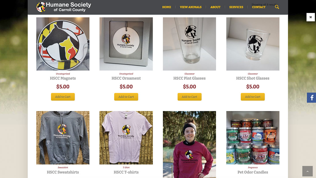 Online store page showing Humane Society of Carroll County merchandise for sale.
