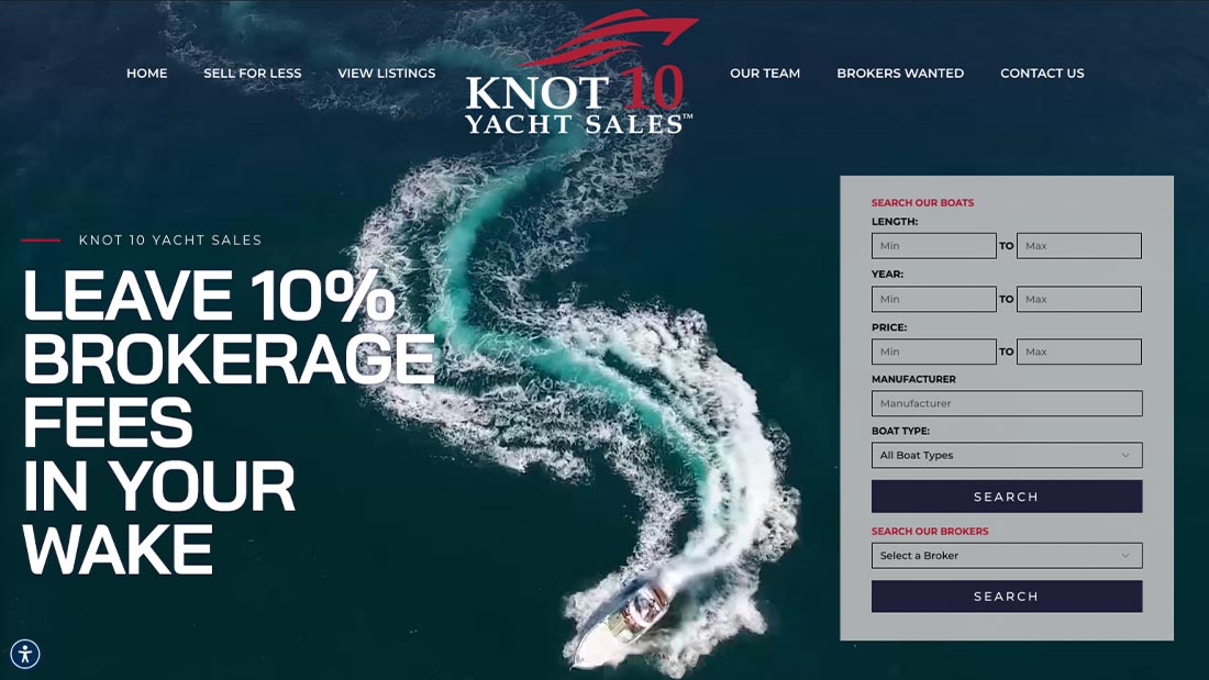 A yacht creating a winding wake with brokerage search options and slogan on screen.