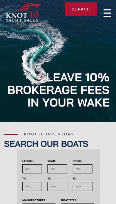 A boat creating a wake in the ocean with text about 10% brokerage fees and a boat search form below.