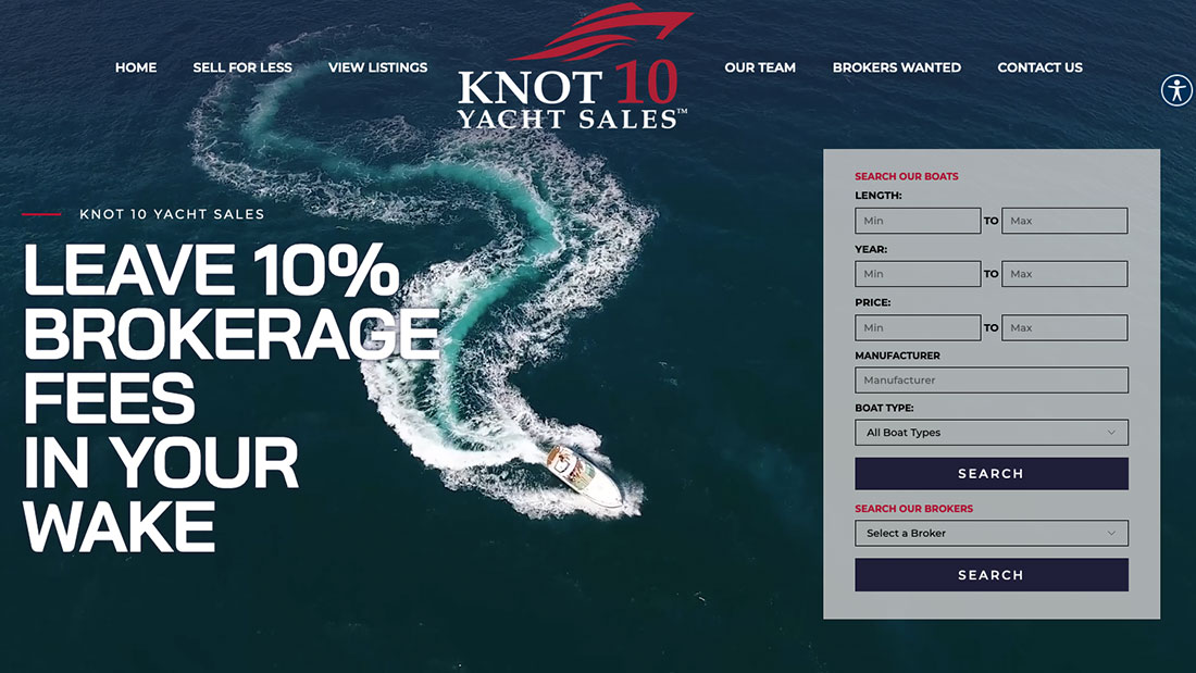 A boat creating a winding wake in dark blue water with yacht sales search form and slogan text.