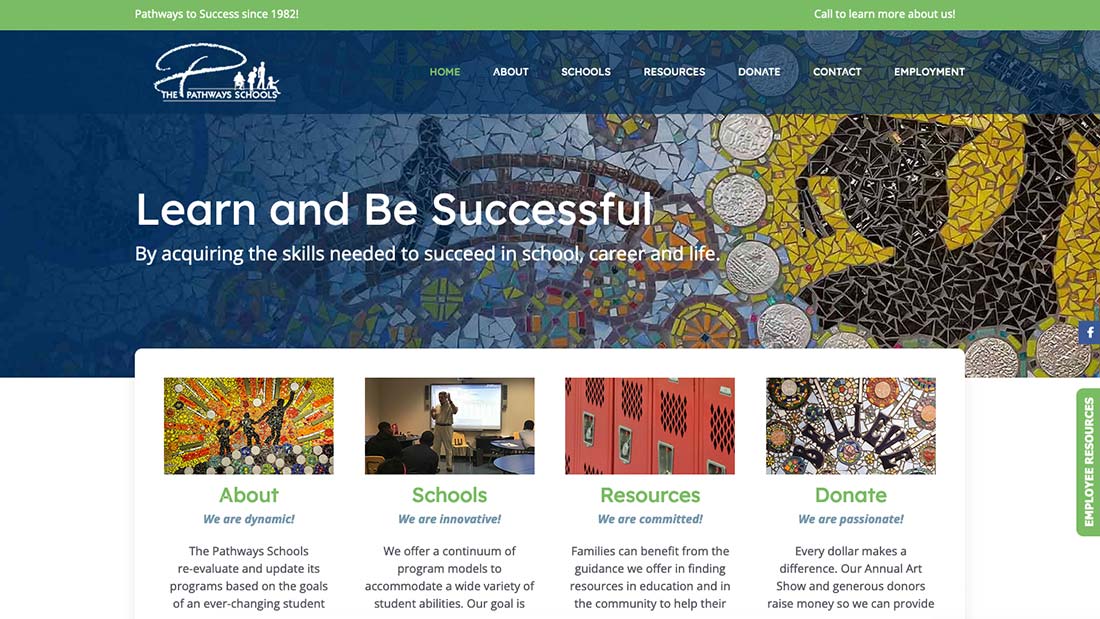 Website homepage with educational mosaic and navigation menu.