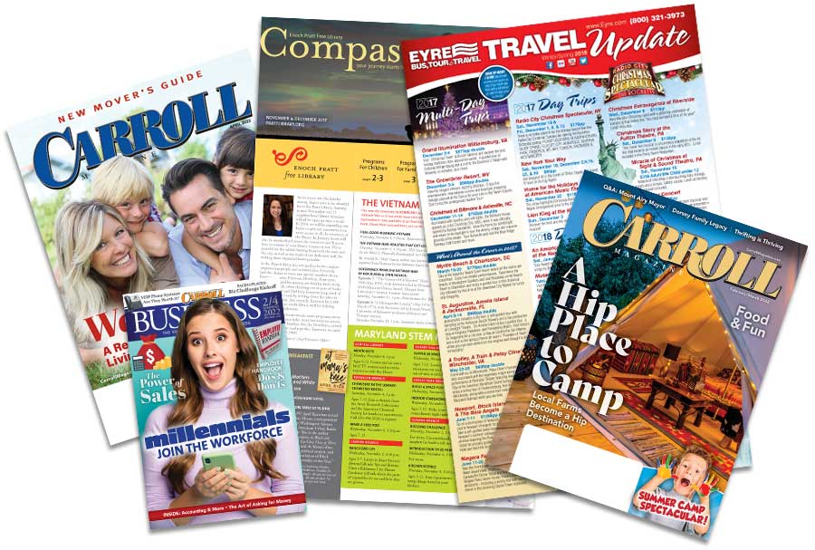 A photo montage featuring various covers of Carroll Magazine and other Kōhn Creative publications.