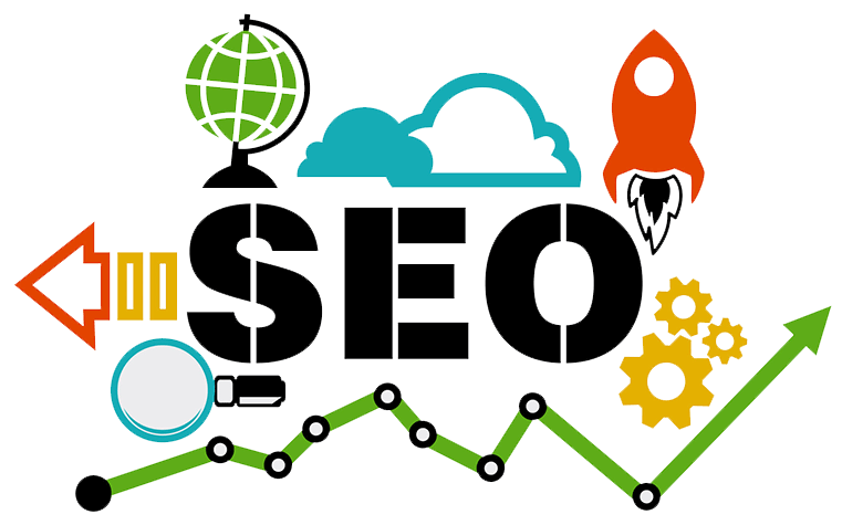 Content marketing materials including a laptop, smartphone, and notebook with notes about SEO, social media, and email marketing.