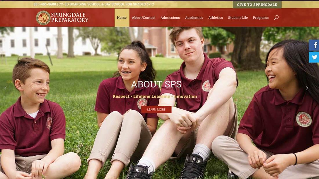 A website for Springdale Preparatory School displayed on a desktop computer.