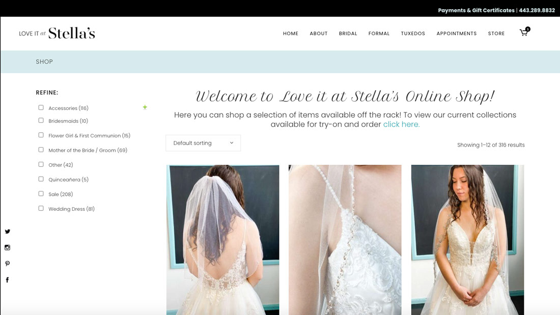 Online bridal shop homepage displaying wedding dress images and category filters.