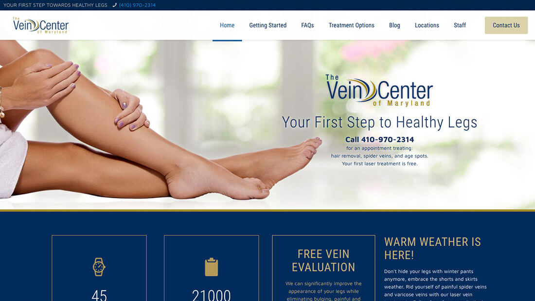 Screenshot of a website design project for The Vein Center of Maryland by KōHN Creative.