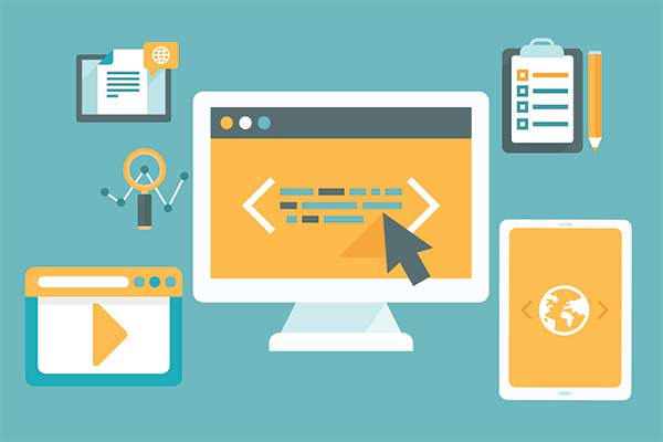 A person working on a laptop with web design elements on the screen.