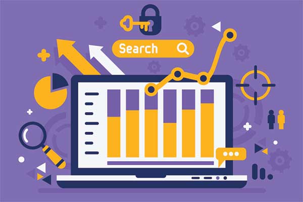A magnifying glass over a search bar with SEO keywords.