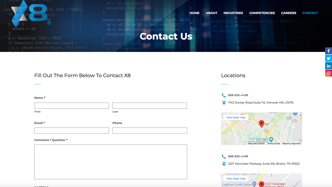 Contact form and location details for X8 with two map thumbnails.